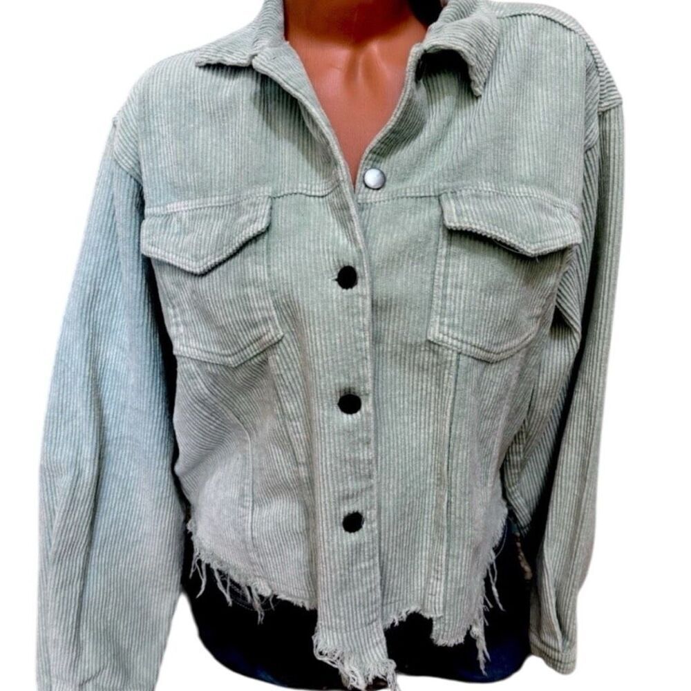 POL Sage Corduroy Shacket Layering Jacket Raw Hem Button Down Green Large NEW - Picture 8 of 9